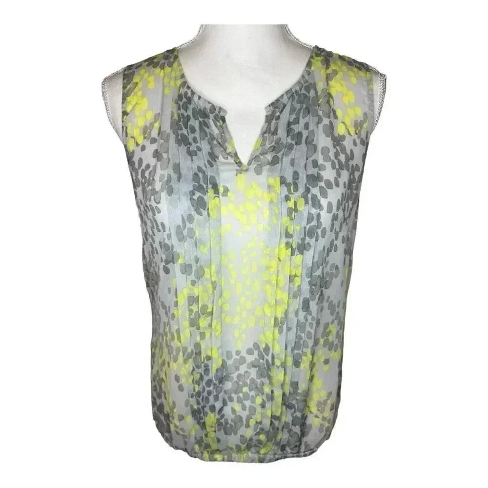 Banana Republic Women’s Small Semi-Sheer Sleeveless Gray & Yellow Pleated Top
